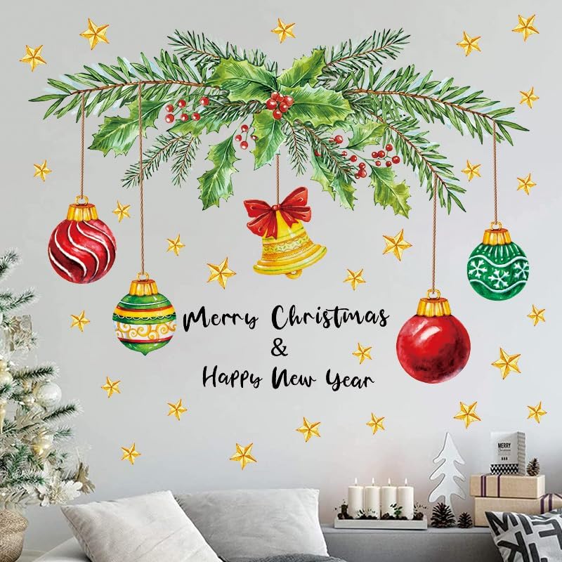 Kasubeso Large Merry Christmas Wall Decals, Peel and Stick Coloful Xmas Bell Light Ball Wall Stickers, Happy New Year Window Clings for Holiday Party Bedroom Living Room Offices Home Decoration - Image 5